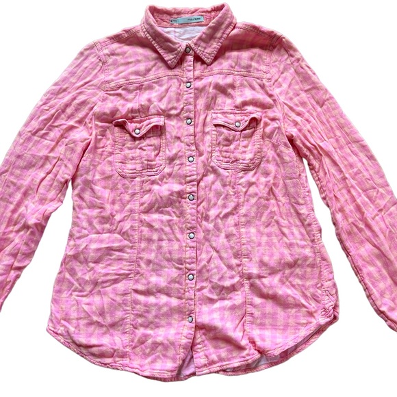 Maurices pink & orange plaid checkered long sleeve button down shirt - Picture 2 of 14